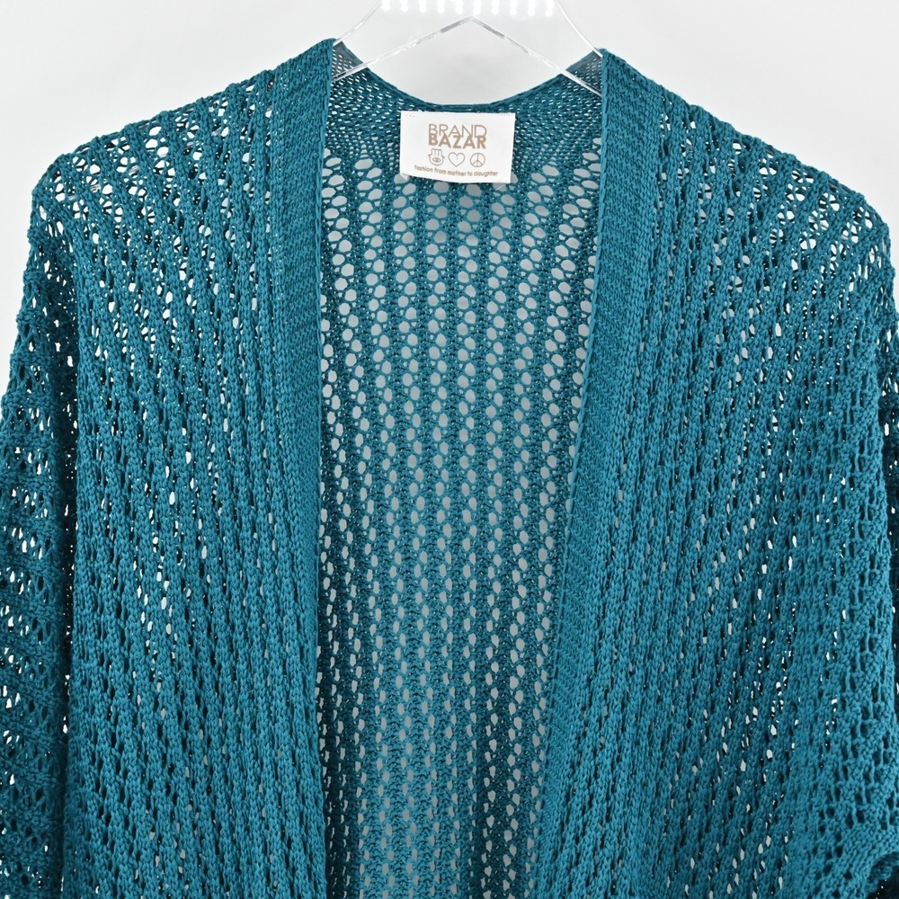 BRAND BAZAR Cardigan Sweater Womens Sz L Crochet Blue Open Knit Quarter Sleeve - Picture 7 of 10